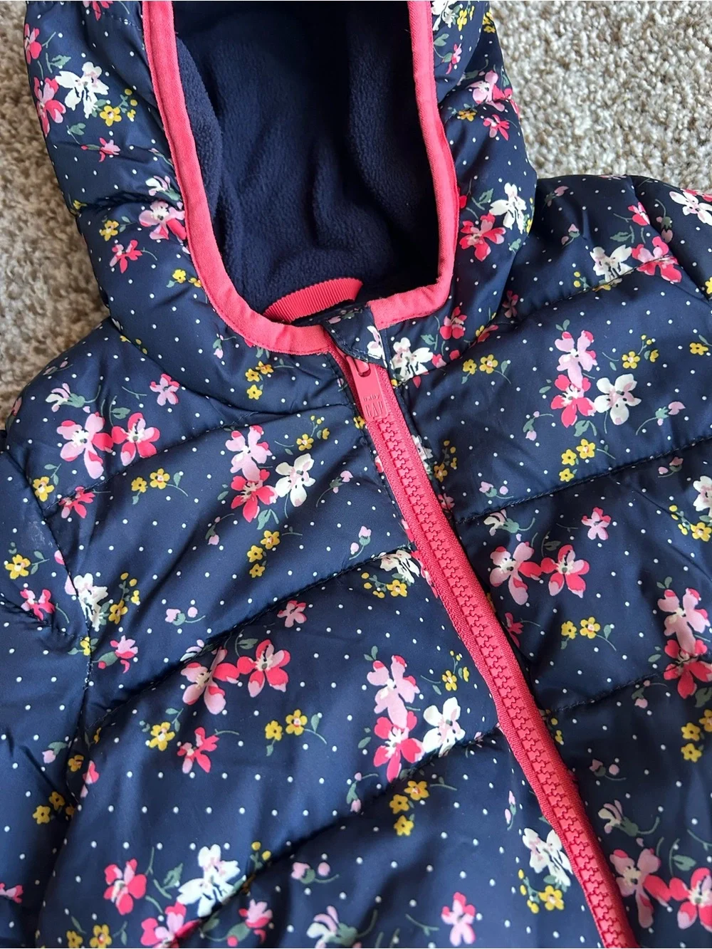 GAP Navy Floral Puffer Jacket with Pink Trim and Hood, 6-12 months